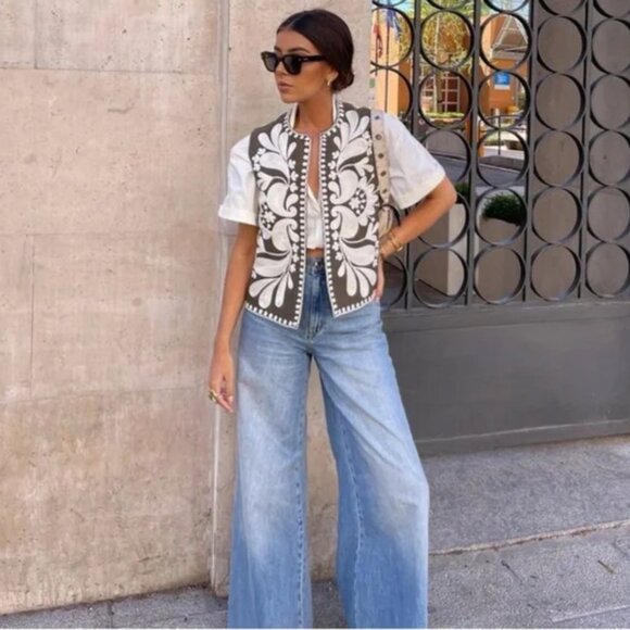 Zara CONTRAST EMBROIDERED VEST Olive Green/White Size M - Picture 4 of 16